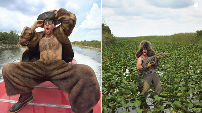 collage shows Travis Kelce riding in an airboat on the left and holding a gator in the Everglades on the right