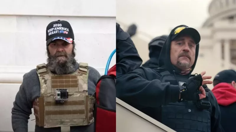 Image: On the left, Tom Vournas wearing a "2020 Keep America Great Hat" and army vest. Leonard Lobianco on the right in a Proud Boy hat making an "Ok" hand gesture, a white power sign.