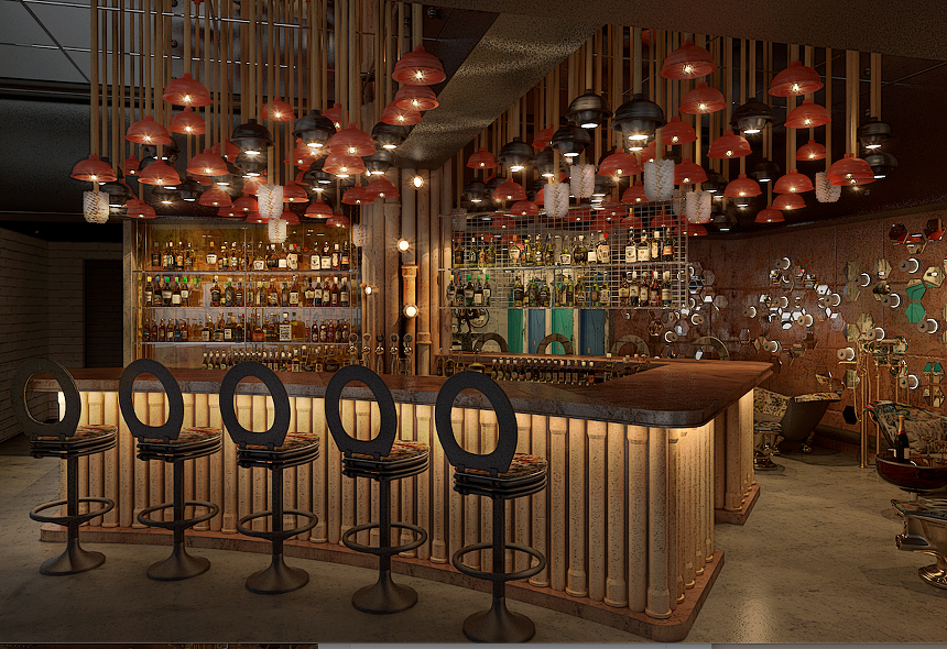 A rendering of a cocktail bar inside Julia & Henry's - RENDERING BY STAMBUL