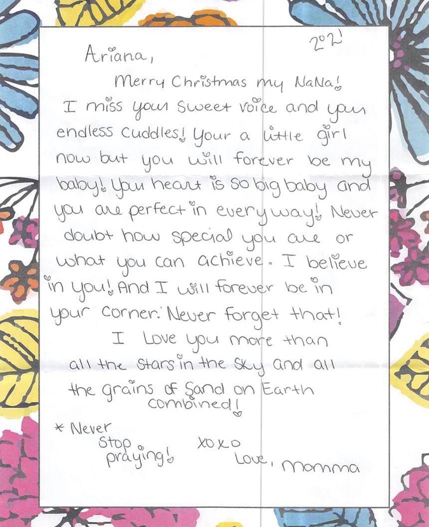 An incarcerated mother wishes her daughter a Merry Christmas in a letter written during summer. - IMAGE COURTESY OF FLORIDA CARES