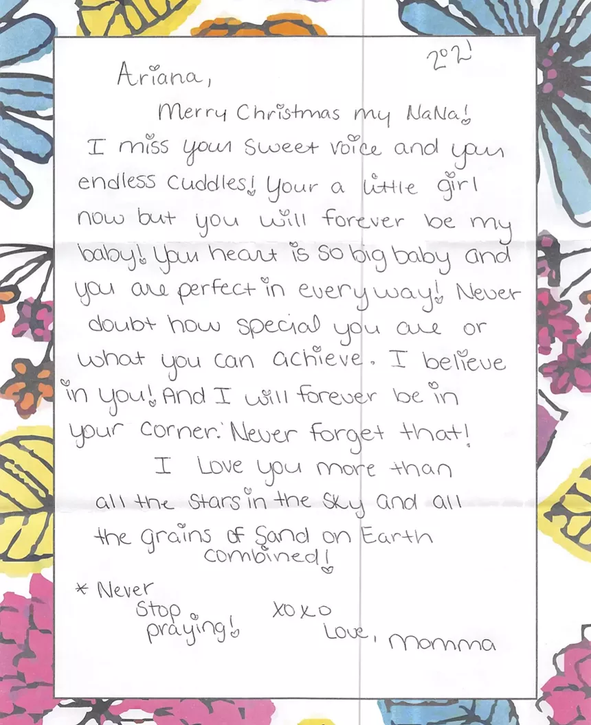 An incarcerated mother wishes her daughter a Merry Christmas in a letter written during summer. - IMAGE COURTESY OF FLORIDA CARES