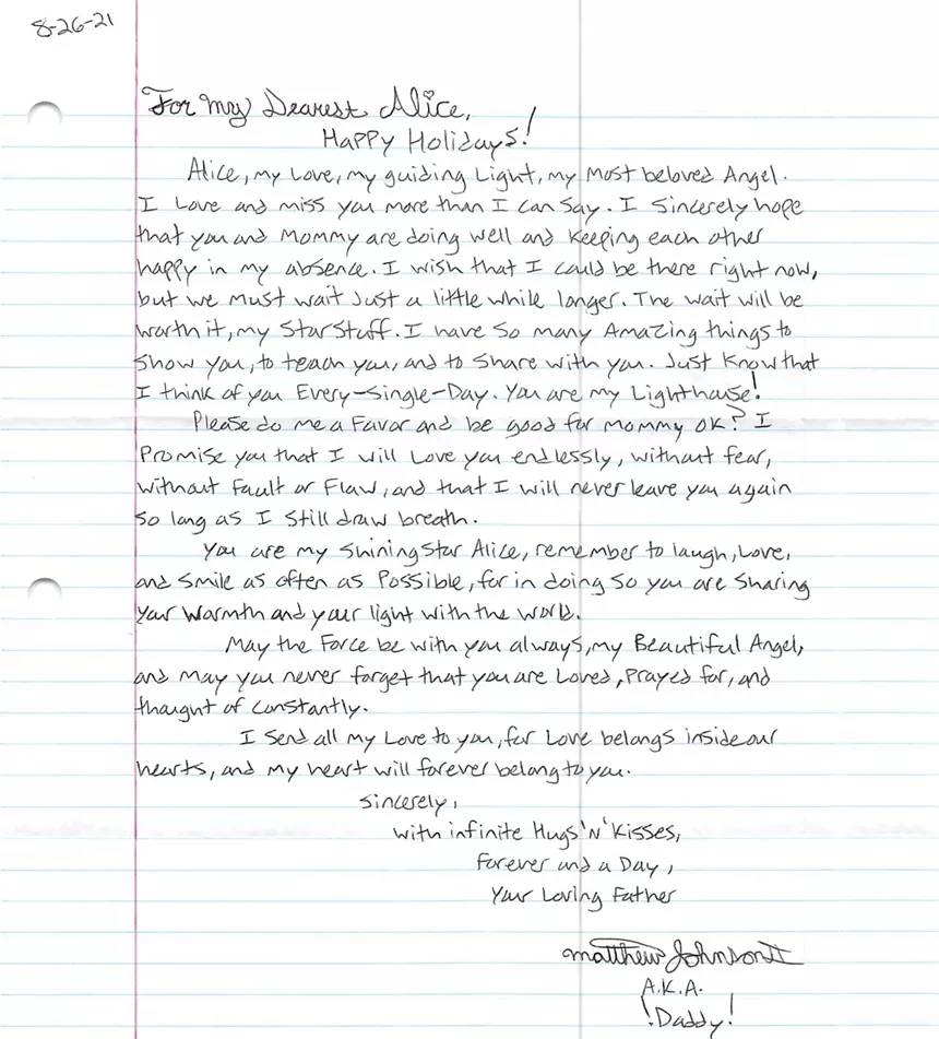 Matthew Johnson, who is incarcerated at Santa Rosa Correctional Institution, wishes his 7-year-old daughter happy holidays in a handwritten letter penned in August. - IMAGE COURTESY OF FLORIDA CARES