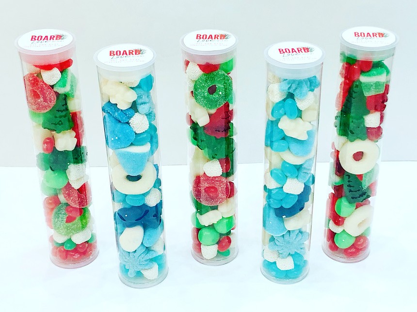 Holiday gummy tubes by Board Love Miami - PHOTO COURTESY OF BOARD LOVE MIAMI