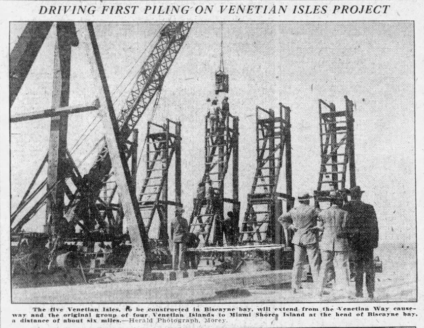 From the February 3, 1926, Miami Herald: the first stakes driven into Biscayne Bay for Isola di Lolando as part of the failed Venetian Isles project - PHOTO FROM MIAMI HERALD ARCHIVES VIA NEWSPAPERS.COM