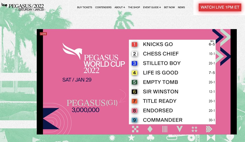 Knicks Go, the defending champ, will break from the rail in a likely attempt to wire the field in the 2022 Pegasus World Cup Invitational at Gulfstream Park. - SCREENSHOT VIA PEGASUSWORLDCUP.COM