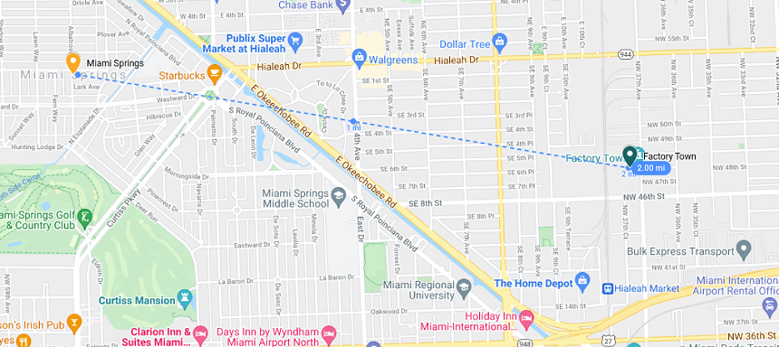 Despite being about two miles from Factory Town in Hialeah, Miami Springs residents claimed loud music and bass kept them up in the wee hours of the morning in December 2021. - SCREENSHOT VIA GOOGLE MAPS