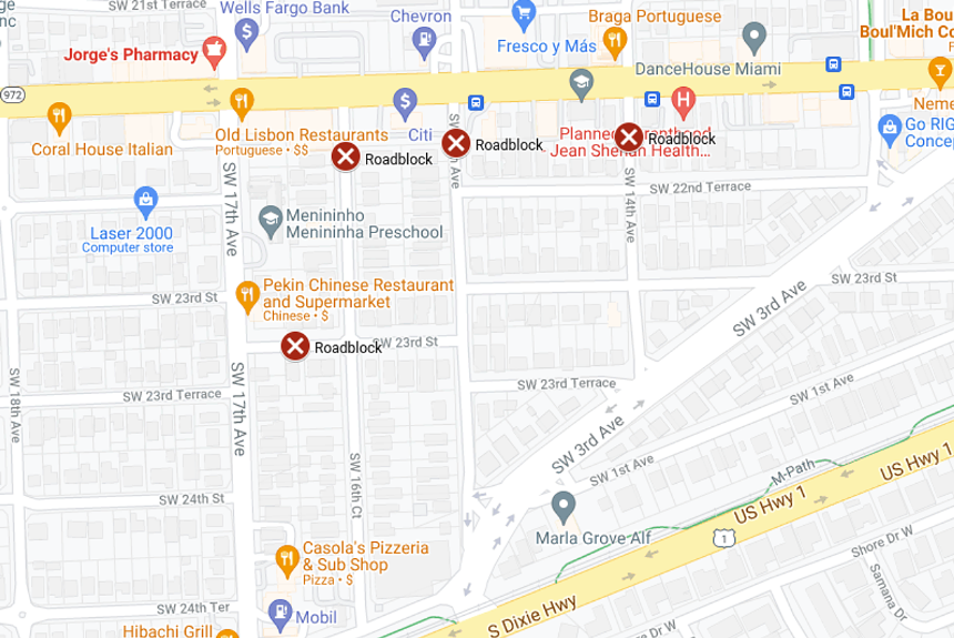 The locations of the remaining four roadblocks, each of which is assigned a 24-hour police detail - SCREENSHOT VIA GOOGLE MAPS
