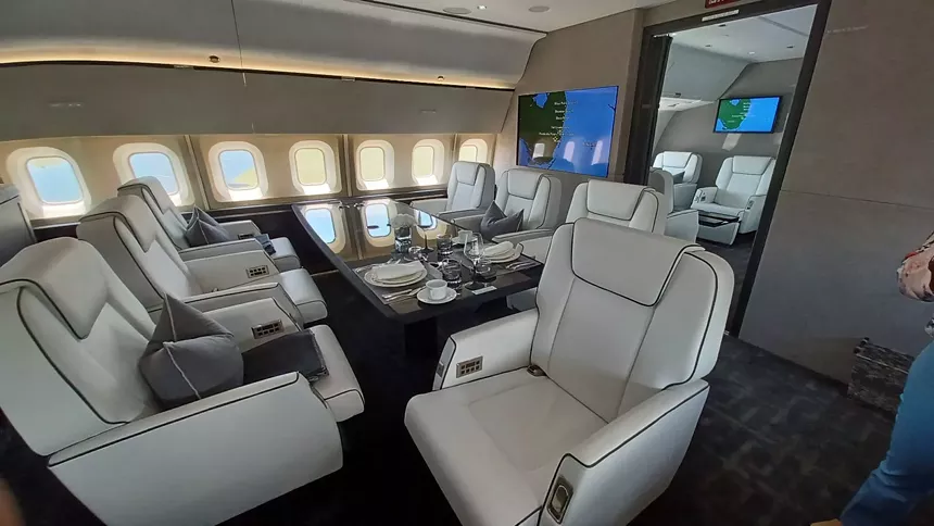 The dining/conference room on Ruiz's plane - PHOTO BY JOSHUA CEBALLOS