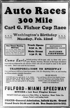 An announcement for the one and only race held at Carl Fisher's Fulford-Miami race track in North Miami Beach - PHOTO BY G.W. ROMER VIA FLORIDAMEMORY.COM