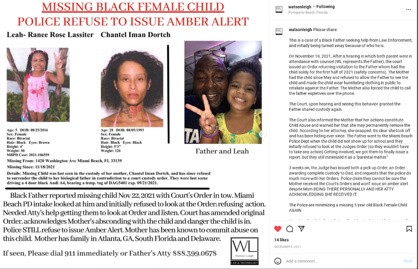 Leah-Ranne Rose Lassiter's missing poster created by Malik Leigh's law firm after Miami Beach police declined to issue an Amber Alert. - SCREENSHOT FROM WATSON LEIGH VIA INSTAGRAM