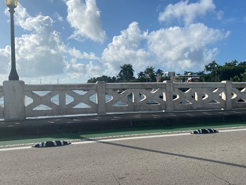 Plastic barriers, called armadillos, were installed on the Venetian Causeway at the end of last year. - PHOTO BY MICHAEL MAJCHROWICZ