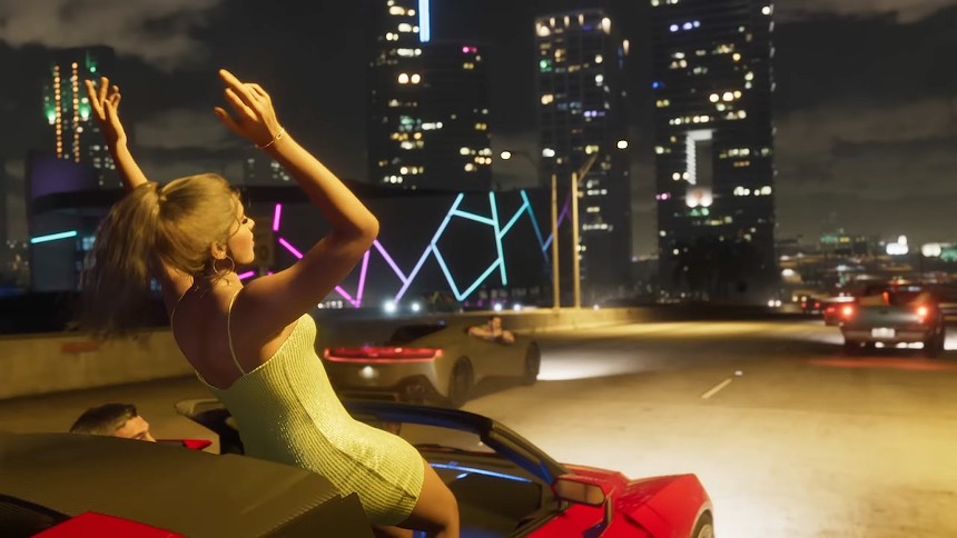A woman in a convertible car in the video game Grand Theft Auto VI