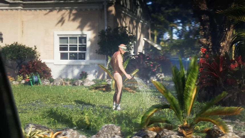 Video game character water his lawn in a pink thong