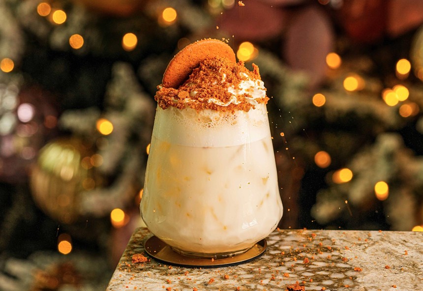 The Gingerbread Dream cocktail from Moxies is creamy, white, and topped with cinnamon and gingerbread