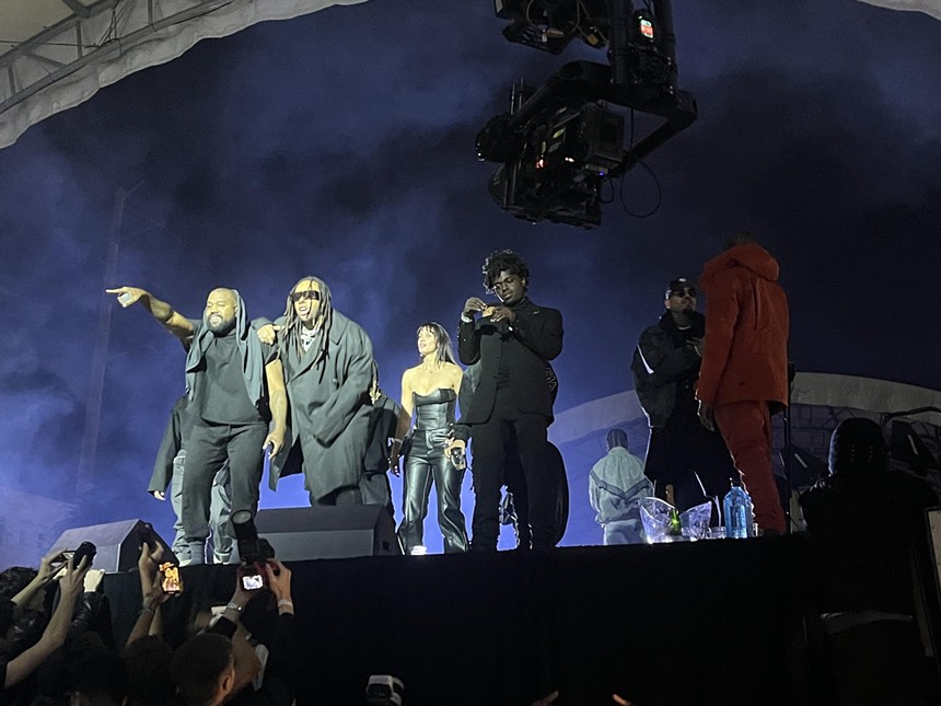 Kanye West, Ty Dolla Sign, and Kodak Black on stage at the Vultures Rave in Miami