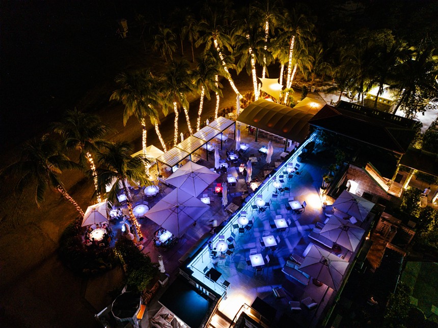 The outdoor dining area seen at night