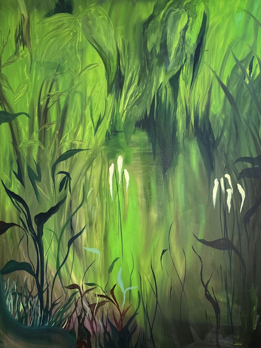 Abstract painting of a woodland seen in greens and blacks