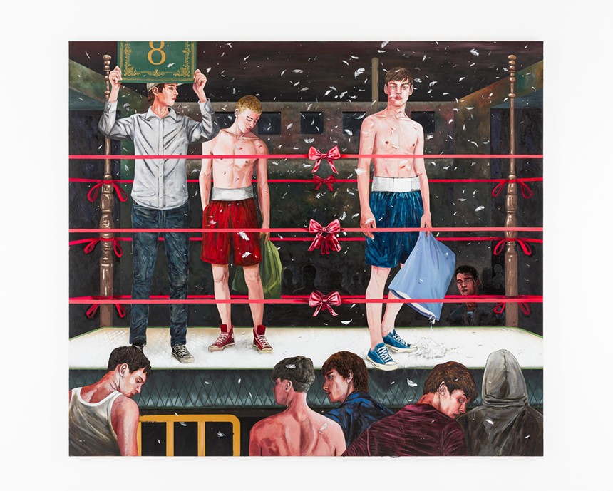 Painting of two young men and a referee in a boxing ring