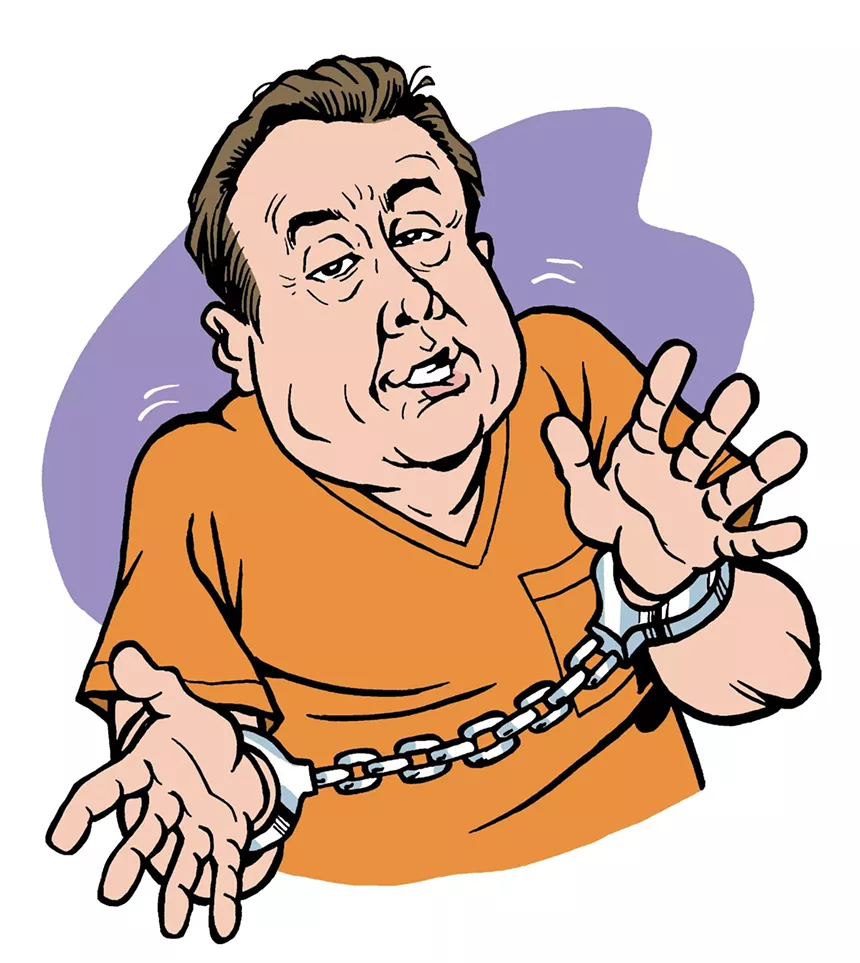 Color caricature of suspended (and subsequently unseated) Miami city commissioner, handcuffed and wearing an orange jumpsuit