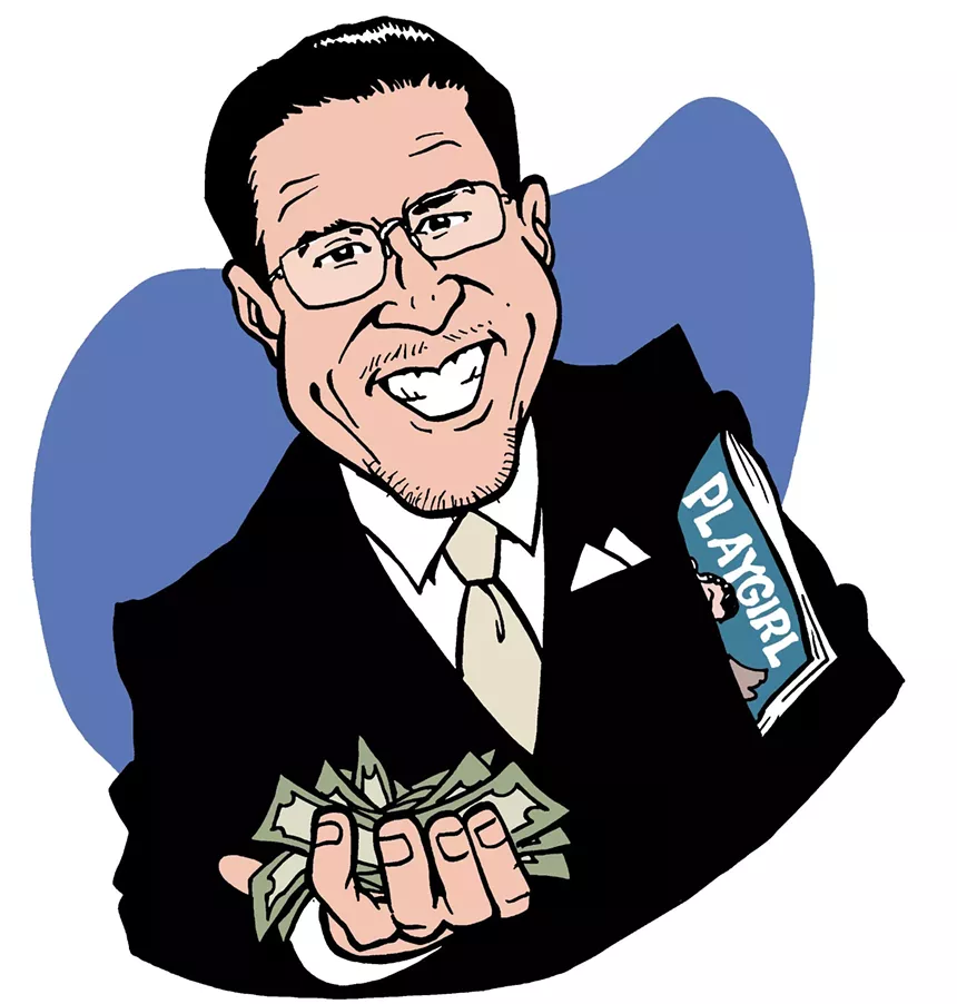 Color caricature of a grinning, bespectacled Carl Ruderman, holding a copy of Playgirl magazine and a fistful of cash