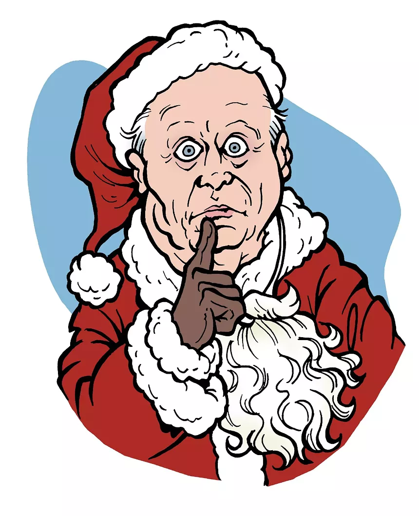 Color caricature of James Silverstone, wearing a Santa suit and looking beady-eyed and, let's face it, pretty pervy