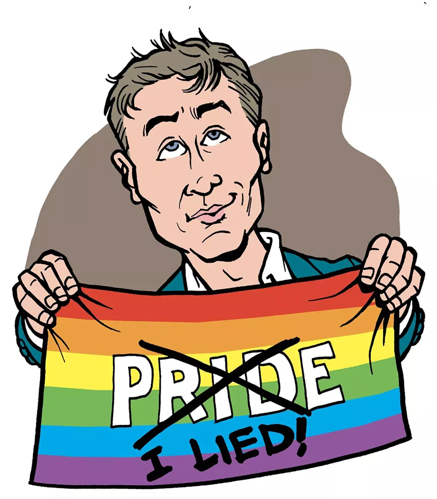 Color caricature of Fabián Basabe, holding an LGBTQ rainbow flag with "PRIDE" X'ed out and replaced with "I LIED!"