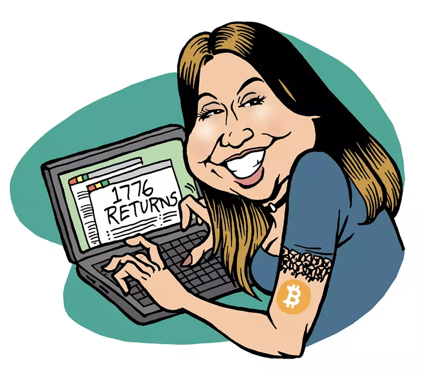 Color caricature of Eryka Gemma Flores, sporting an arm tattoo of the bitcoin symbol and composing a document titled "1776 Returns" on a laptop computer