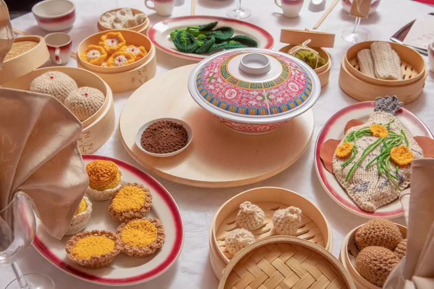 A mixed-media work by artist Annika Cheng of food