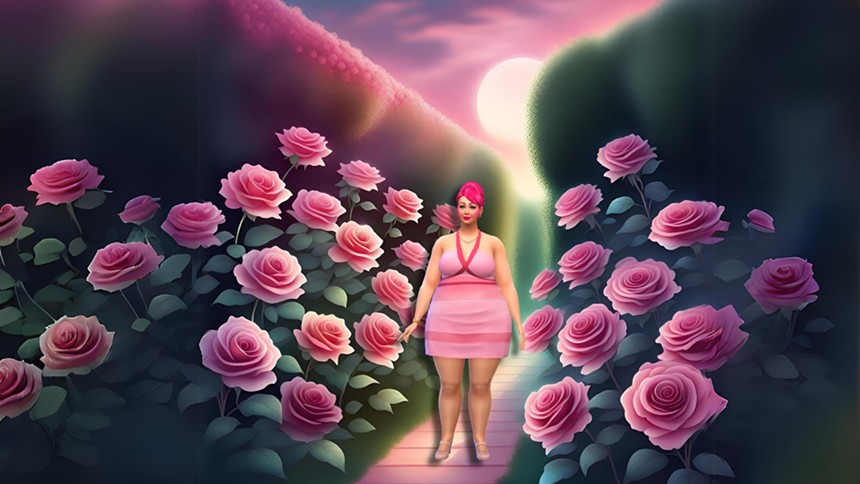 Still images from of animated woman walk with pink roses blooming on either side of her