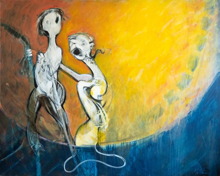Abstract painting of two figures against an orange and yellow background
