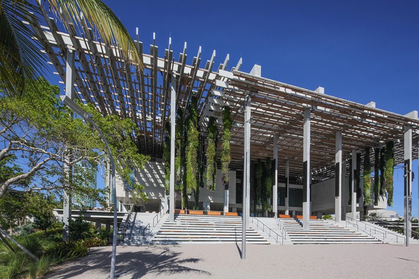 Pérez Art Museum Miami's waterfront terrace with planters cascading down from its rafters