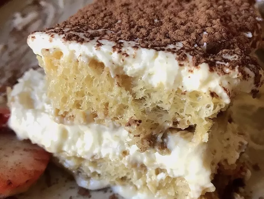 Tiramisu dusted with chocolate on a plate