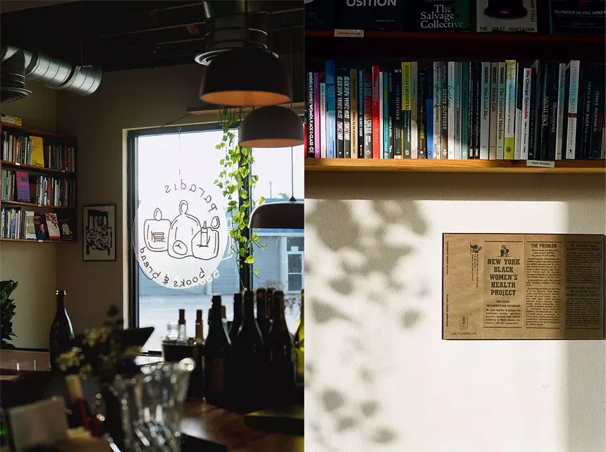 the dimly lit interior of a wine shop and bakery