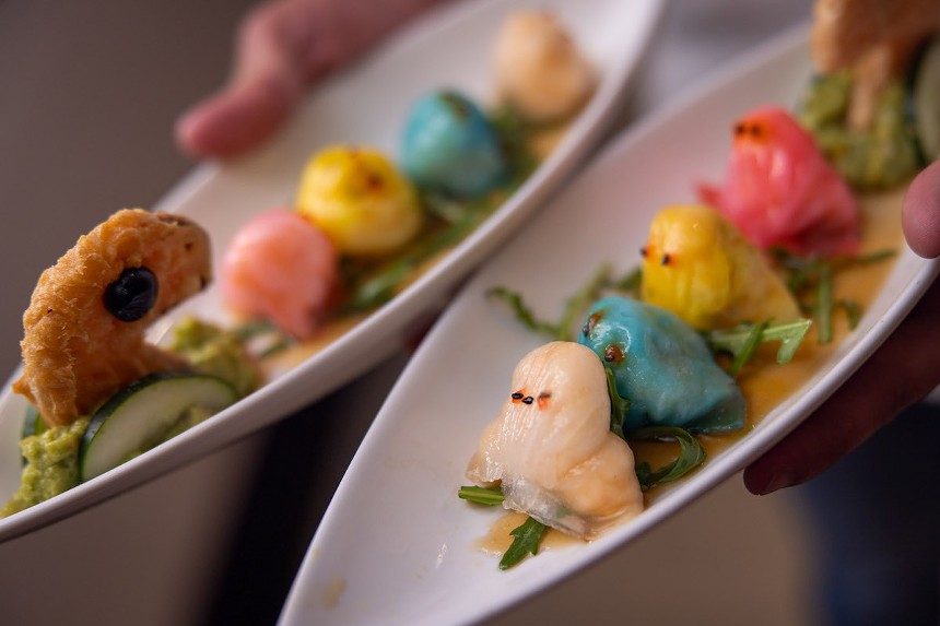 Colorful dumplings on a serving tray