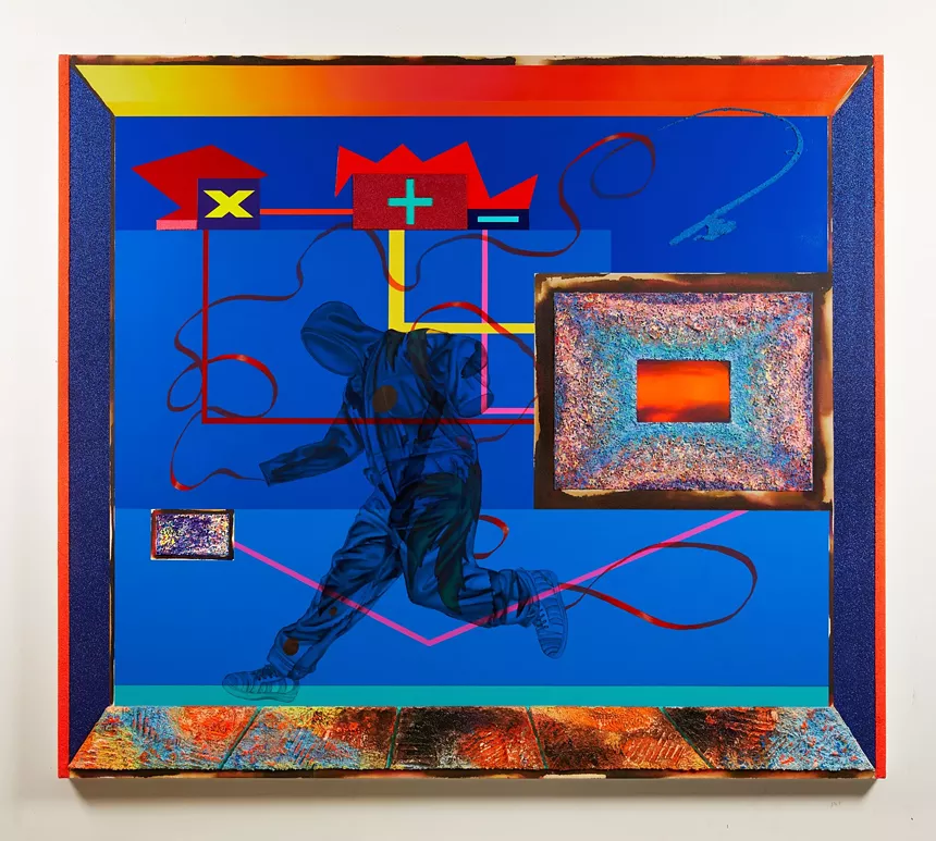 Painting of a black figure against a blue background