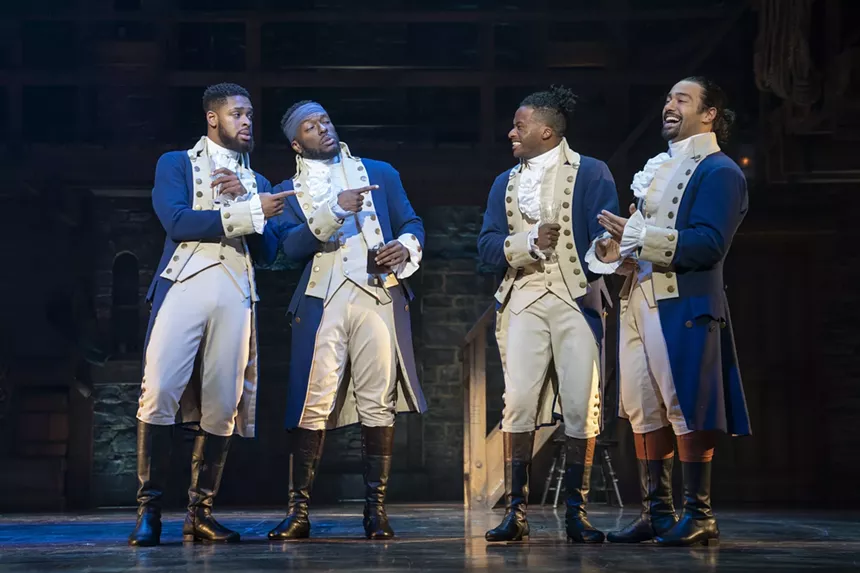 Warren Egypt Franklin, Desmond Sean Ellington, Elijah Malcomb, and Pierre Jean on stage in Hamilton