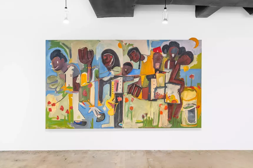 A painting by Milo Matthieu hanging on a gallery wall