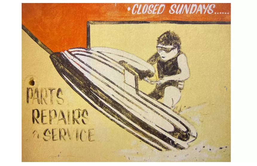 A mural painting of a man on Jetski by Serge Toussaint