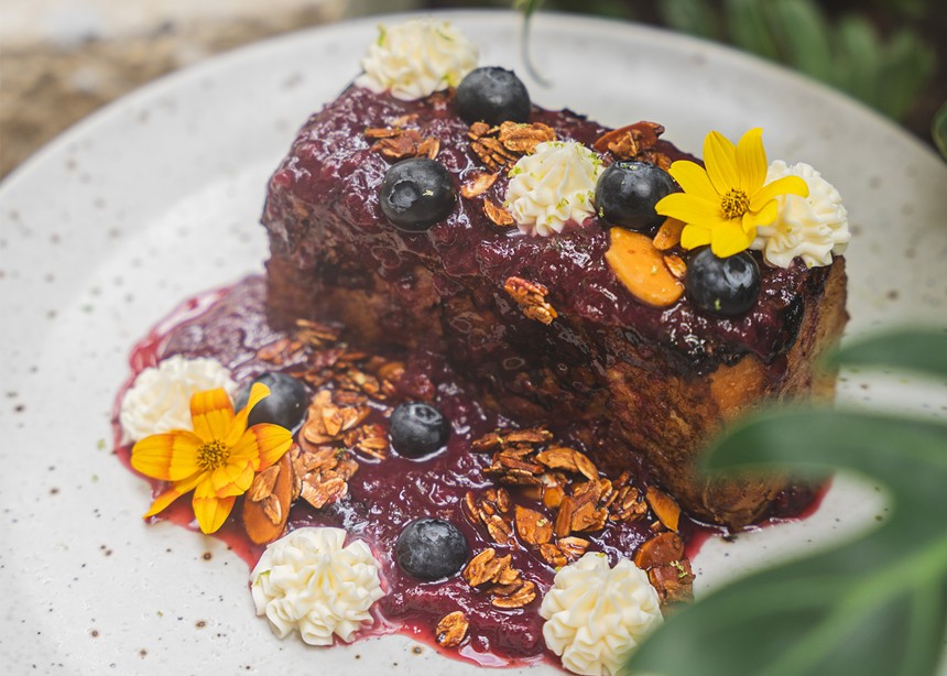 A french toast dish with flowers