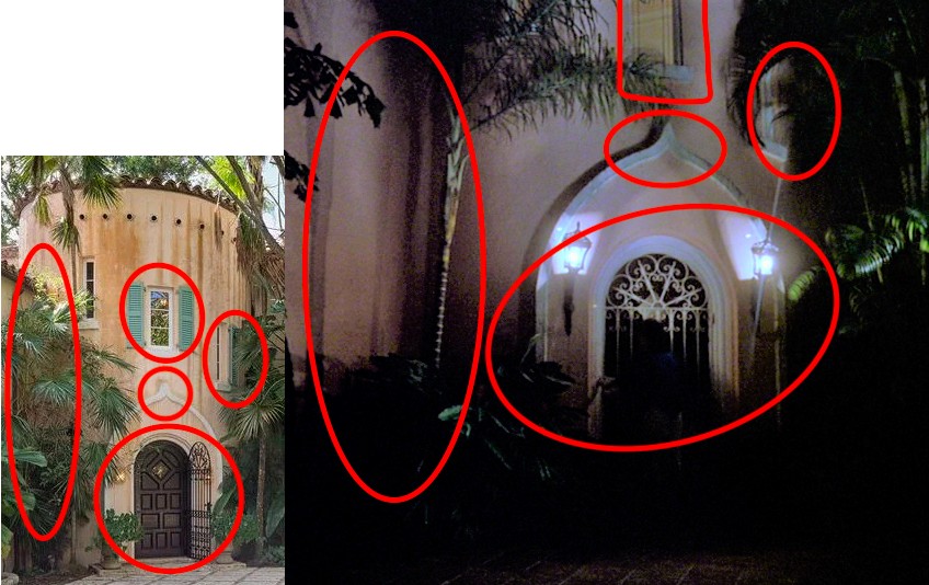 Two photos of the same house — one from a real estate listing, the other a screenshot from a Miami Vice episode — annotated with distinctive details circled