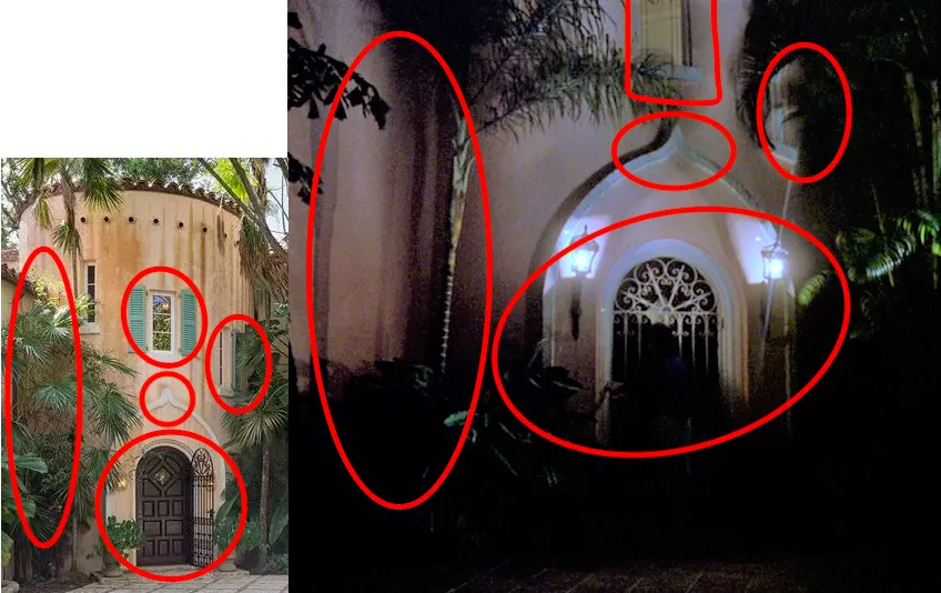 Two photos of the same house — one from a real estate listing, the other a screenshot from a Miami Vice episode — annotated with distinctive details circled