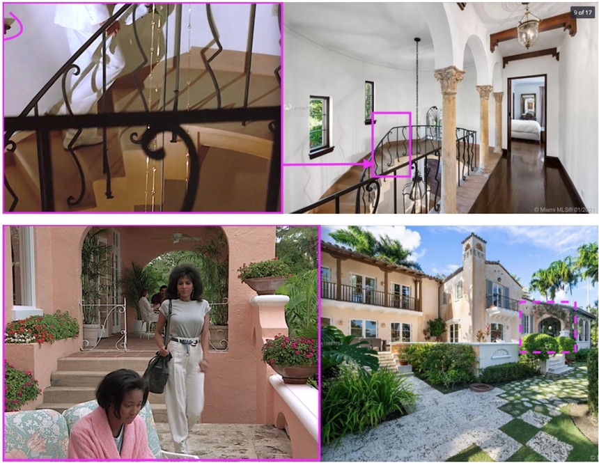 screenshots of scenes from a miami vice episode matched against photos of a home in order to nail down location information