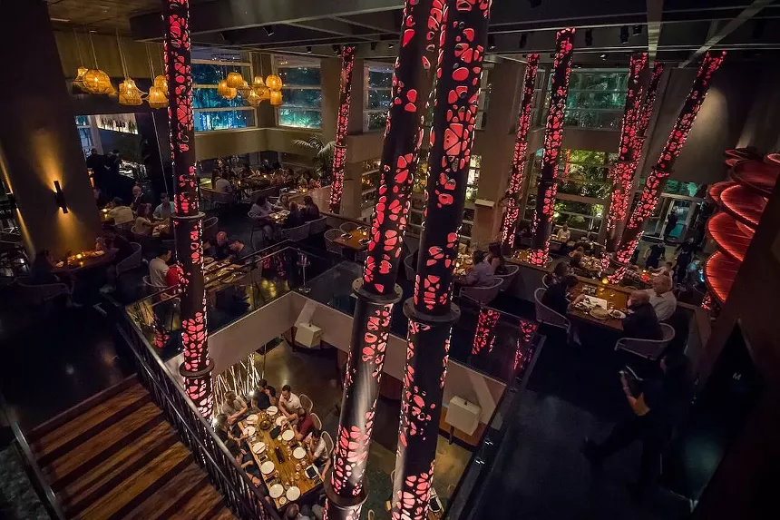 A dining room with lights
