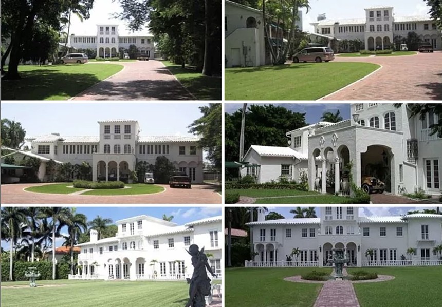 Exterior views of a gleaming white Mediterranean-style mansion built in the 1920s