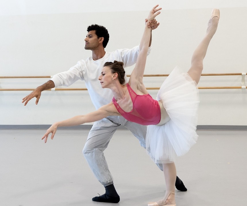 Renan Cerdeiro and Samantha Hope Galler dancing together in the rehearsal studio