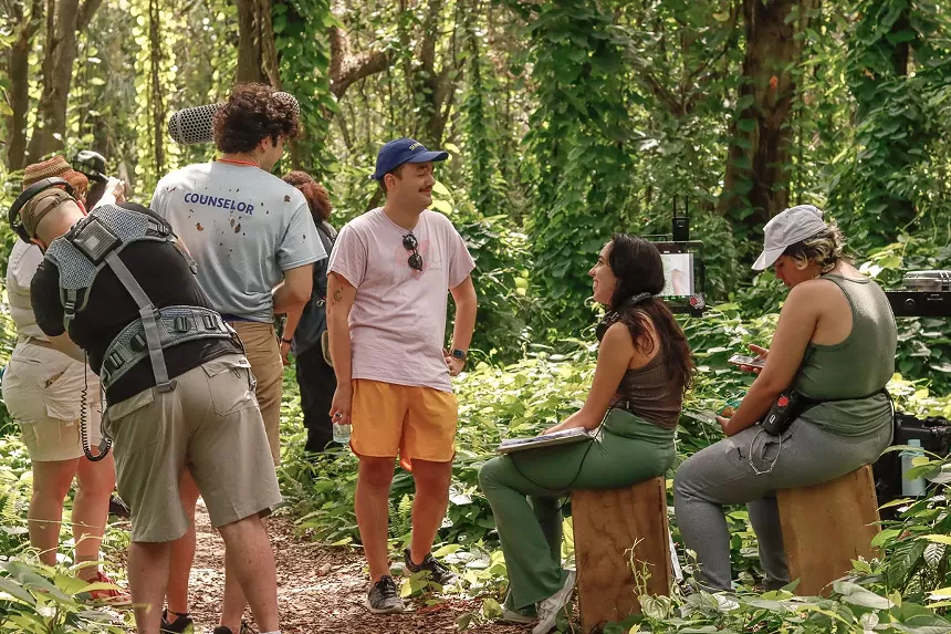 Chris Molina surrounded by his film's production crew