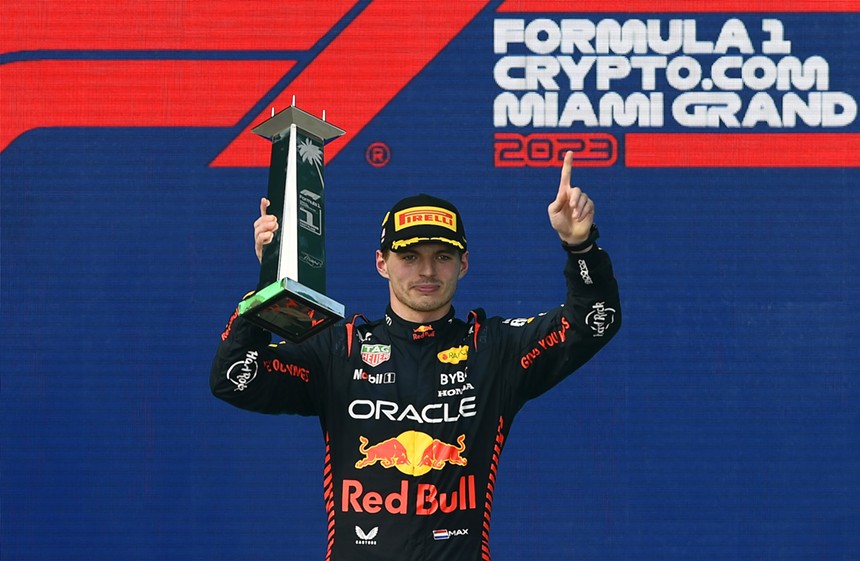 Max Verstappen hold up his trophy at the Miami Grand Prix