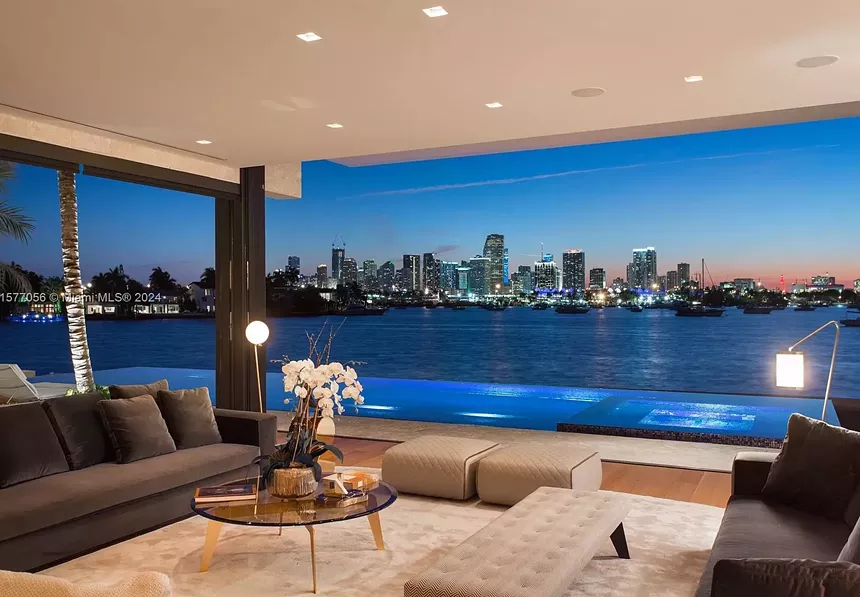 nighttime view from the terrace of 428 S. Hibiscus Dr., a contemporary manse designed by architect Ralph Choeff and built in 2017 on Hibiscus Island, Miami Beach