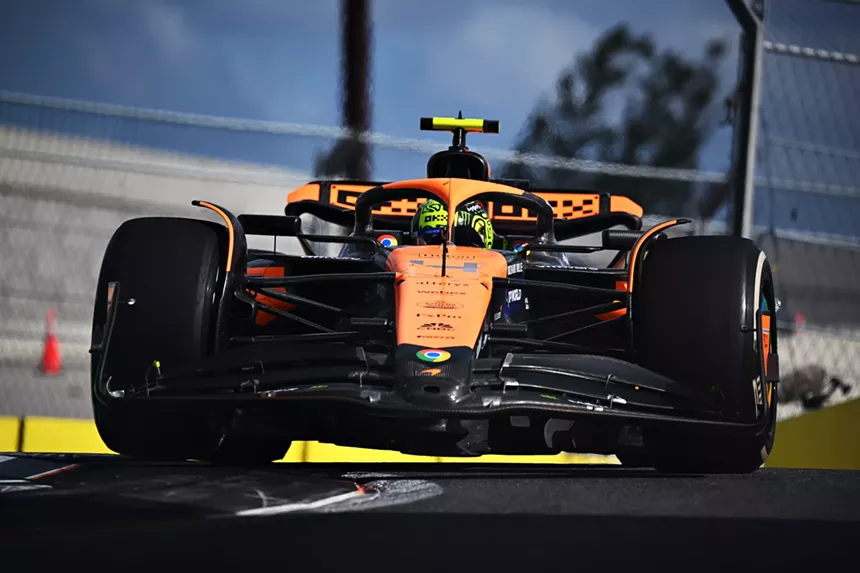Lando Norris driving on the track at the Miami International Autodrome