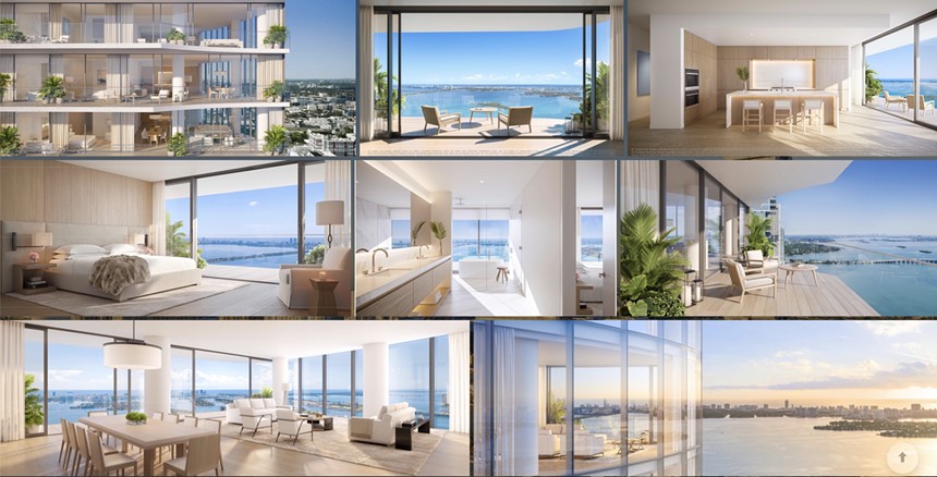 grid of 8 horizontal views of and from a planned 55-story tower to be constructed at 2121 N. Bayshore Dr. in Miami's Edgewater neighborhood